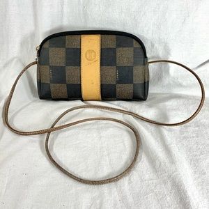 FENDI ZUCCA Black Canvas Tan Leather Trim Shoulder